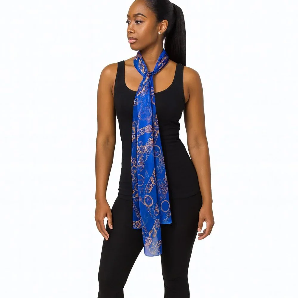 Royal Blue & Gold Chain-Print Sheer Scarf